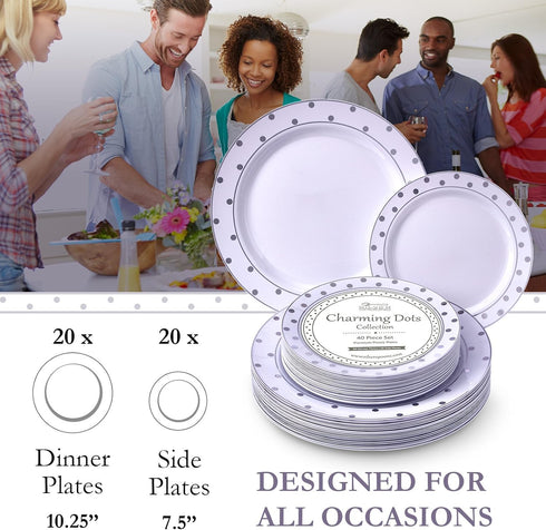 Silver Spoons Disposable Plates For Party - (20 Piece) Heavy Duty Disposable Dinner Set 7.5” , Fine Dining Plastic Dishes For Elegant China Look, ...