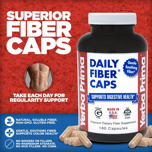 Yerba Prima Daily Fiber Formula - 180 caps (Pack of 2) - Soluble & Insoluble Dietary Fiber Supplement - Colon Cleanse - Gut Health - Vegan, Non-GM...