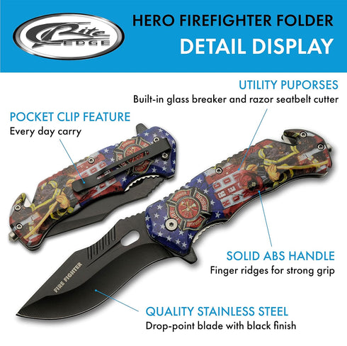 SZCO Supplies : 8”Firefighter Decal Liner Lock Assisted Open Tactical Rescue Professional Folding Knife, Red (300557-FF)...