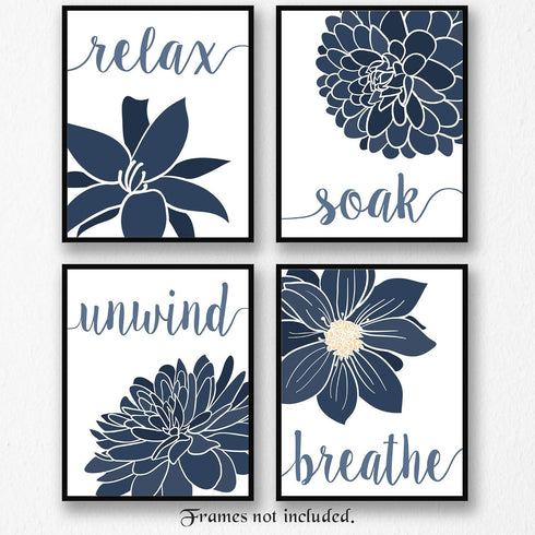 Simple Relax Soak Unwind Breathe Navy Blend Floral Prints, 4 (8x10) Unframed Photos, Wall Art Decor Gifts for Home Office Salon Lounge Bathroom Sc...