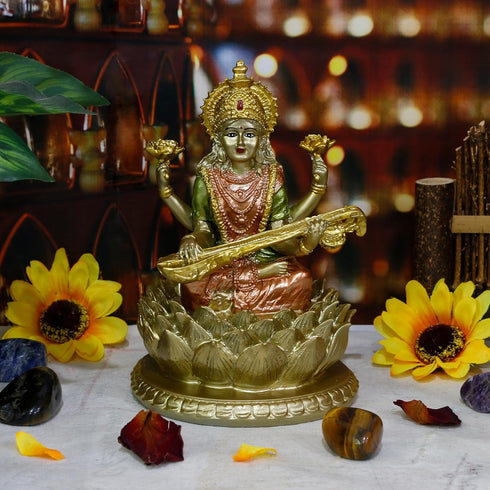 Hindu Goddess Saraswati Idol - 6.5" H Knowledge, Music, Arts Goddess Sarswati Statue Indian Diwali Gifts for Home Mandir Altar Pooja Item...