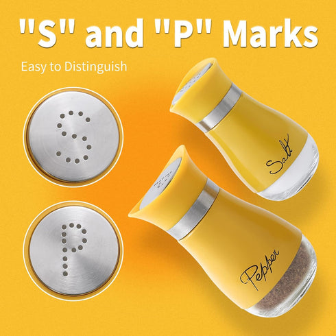 Salt and Pepper Shakers Set, Stainless Steel with Glass Bottle for Table, RV, Camp, BBQ, Set of 2, Yellow...