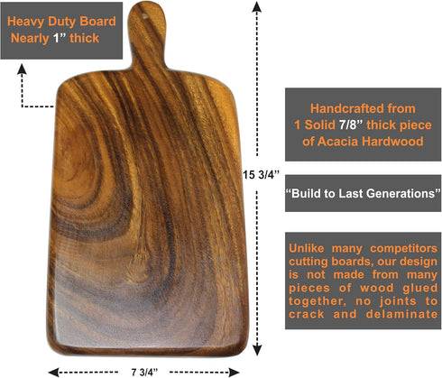 Solid Acacia Wood Cutting and Serving Board with Handle – Handmade, Joint Free Displaying Beautiful Continuous Wood Grains, Double-Sided, Small Ch...