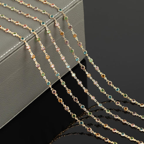 YOUBEIYEE 3 Meters Colorful Rhinestone Jewelry Chain Gold Plated Brass Chain for Jewelry Making Mixed Color Glass Bead Flower Craft Chain Roll...