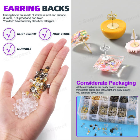 Swpeet 3053Pcs 3 Colors 4mm 6mm 8mm 10mm Earring Making Kit, Including Earring Posts, Gold Earring Backs, Open Jump Rings, Needle Nose Pliers, Elb...