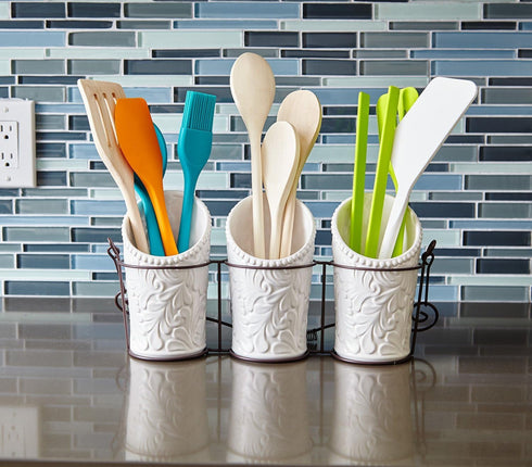 Kitchen Tool Crock (4 Pieces) - 3 Ceramic Utensil Holders (4" Dia x 7" H each) & 1 Metal Caddy - White & Embossed Design...