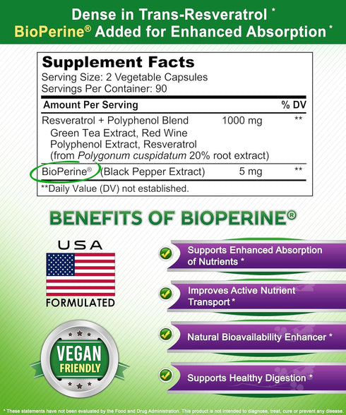 aSquared Nutrition Natural Resveratrol with Red Wine Extract - 180 Capsules - Trans Resveratrol Antioxidant Supplement Pills for Pure Heart Health...