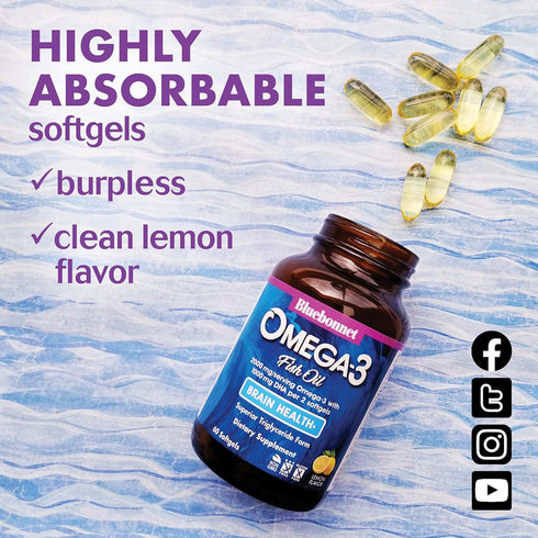 Bluebonnet Nutrition Omega-3 Brain Formula Natural Wild Caught Triglyceride Form DHA 860 mg EPA 120 mg - Highly Concentrated Cognitive Health & We...