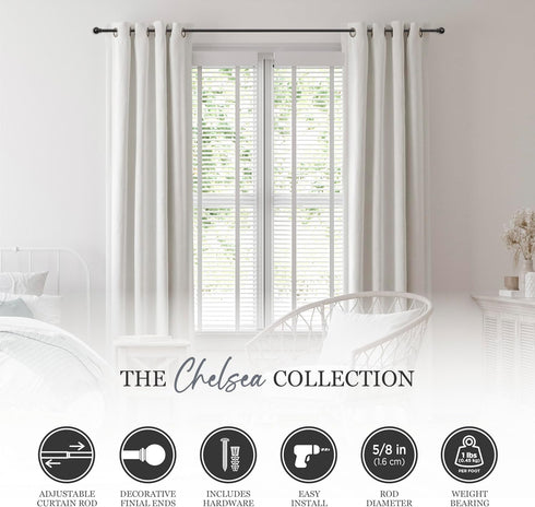 Kenney Chelsea Ball End Window Curtain Rod - Adjustable 28 to 48 Inches, Extendable Set, Black...