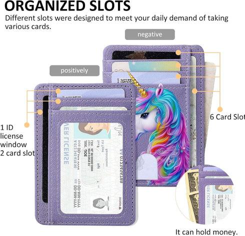 Slim Minimalist Front Pocket Wallet, Mini RFID Blocking Credit Card Holder Front Pocket Wallet, Coin Purse with ID Window for Women Ladies?Unicorn...