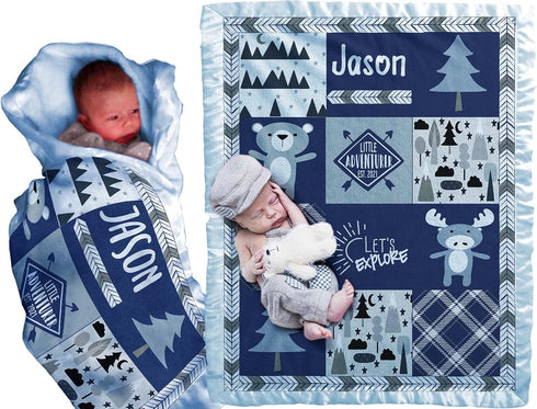 Baby Blankets with Baby' Name Year (Blue, 30x40) Woodland Animals Bear Adventure Explorer for Newborn Baby Room Nursery Christening or Baptism...