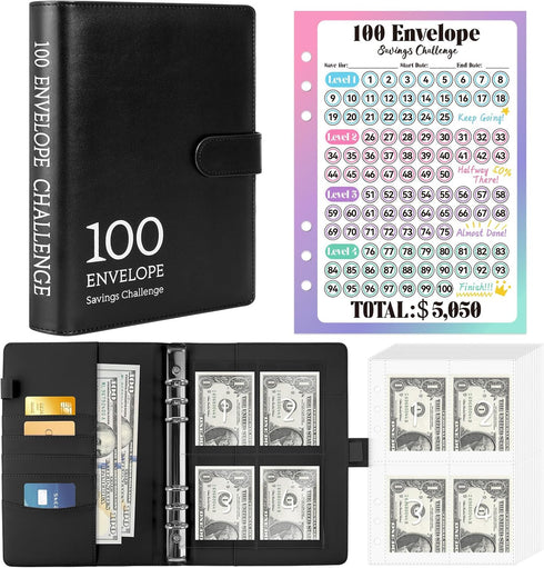 Sooez Savings Book 100 Envelopes Money Saving challenge Book with Laminated Tracker, A5 Money Saving Budget Binder with Cash Envelopes to Save $5,...