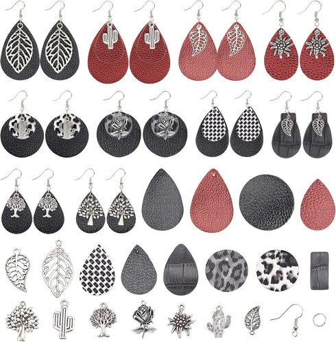 SUNNYCLUE 84Pcs DIY 10 Pairs Tree of Life Charms Faux Leather Teardrop Round Charm Black Red Stamping Faux Leather Earring Making Starter Kit Leaf...