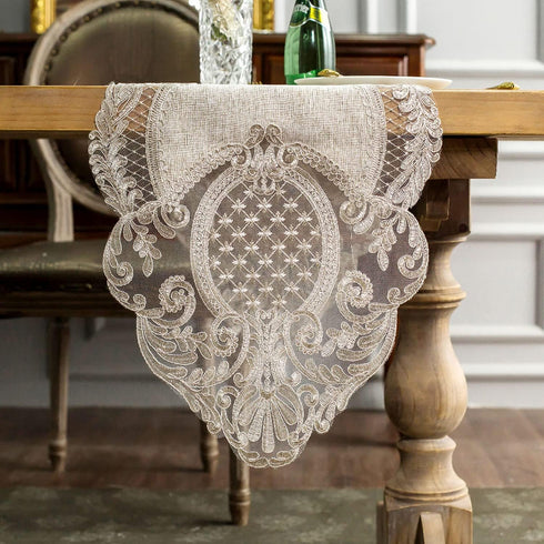 ARTABLE Lace Table Runner Rectangle Gray Cotton Linen Fabric Dresser Scarf with Exquisite Macrame Embroidery Table Runners for Kitchen Home Weddin...