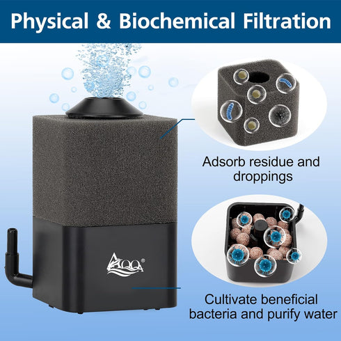 AQQA Aquarium Sponge Filter Submersible Fish Tank Filter Ultra Quiet Biochemical Sponge with 1 Spare Sponge 1 Bag of Bio Ceramic Media Balls Suita...