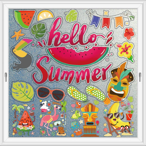Summer Window Clings 9 Sheets Double Sided Pattern Window Decorations for Summer Hawaiian Tropical Home Office Refrigerator Glass Window Party Sup...