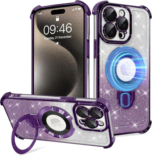 Fiyart Designed for iPhone 15 Pro Max Magnetic Case Glitter Bling Ring Holder Kickstand Function Bumper Compatible with MagSafe Camera Lens Protec...