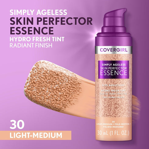Covergirl Simply Ageless Skin Perfector Essence Foundation, 30 Light-Medium, Tinted Skin Perfector, Skincare Makeup Hybrid, Sheer Tint, Radiant Fi...