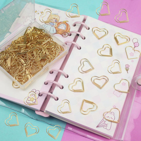 100 Pieces Gold Heart Paper Clips Cute Paper Clips Metal Journaling Paper Clamps Office Paperclips with Clear Plastic Box Paper Document Note Sort...