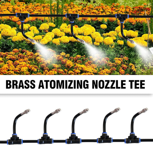 5 Pack Brass Misting Nozzle Tee, w/ 0.32 in Dia Built in Hose for Outdoor Watering System, Adjustable 360° Rotation Nozzles, Water Mister Nozzles ...