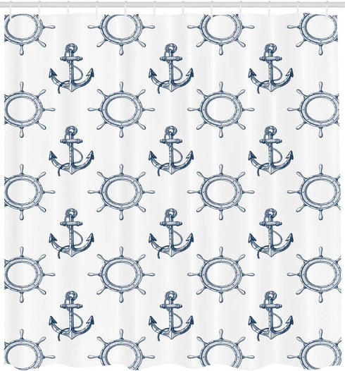 Ambesonne Ships Wheel Shower Curtain, Anchors and Steering Wheels Pattern Pirates Sailors Marine Themed Print, Cloth Fabric Bathroom Decor Set wit...
