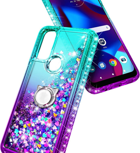 NZND Case for Motorola Moto G Pure/Moto G Play 2023/ Power 2022 with Tempered Glass Screen Protector, Ring Holder/Wrist Strap, Glitter Floating Li...