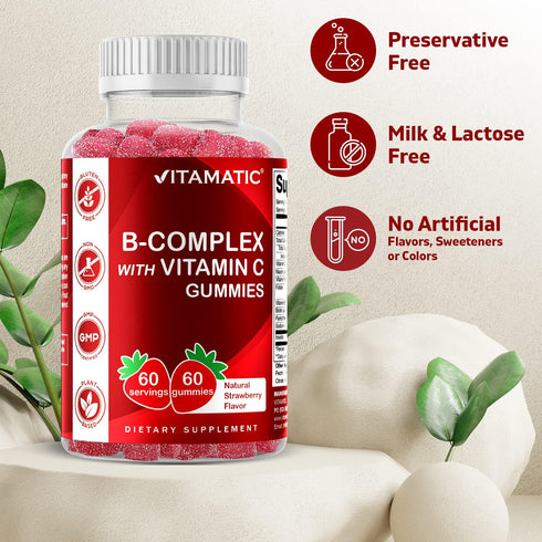Vitamatic Vitamin B Complex Gummies with Vitamin C & Inositol - Natural Strawberry Flavor - 60 Gummies (2 Bottles)...