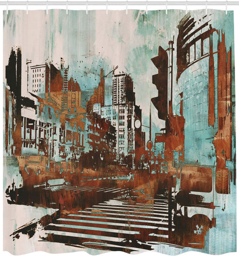Ambesonne Grunge Shower Curtain, Urban Cityscape Contemporary Abstract Acrylic Paint Style Brush Strokes, Cloth Fabric Bathroom Decor Set with Hoo...