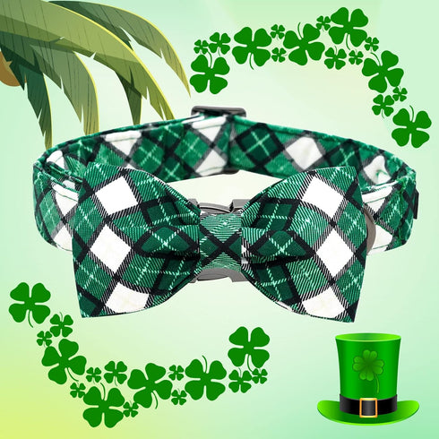 Elegant little tail St. Patrick's Day Dog Collar, Dog Collar with Bow, Green Grid Dog Collar Pet Gift Dog Bowtie Adjustable Dog Collar for Medium ...