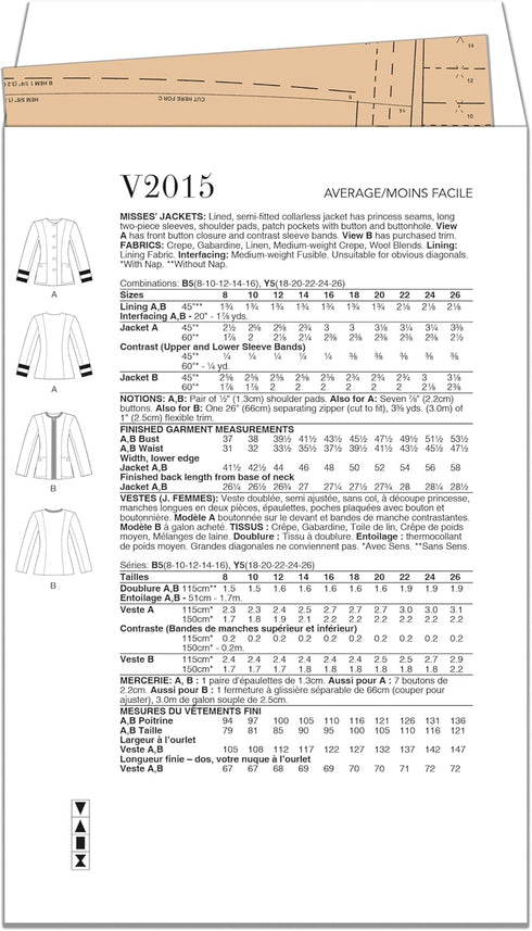Vogue Misses' Lined Semi-Fitted Collarless Jackets Sewing Pattern Packet, Design Code V2015, Sizes 18-20-22-24-26, Multicolor...