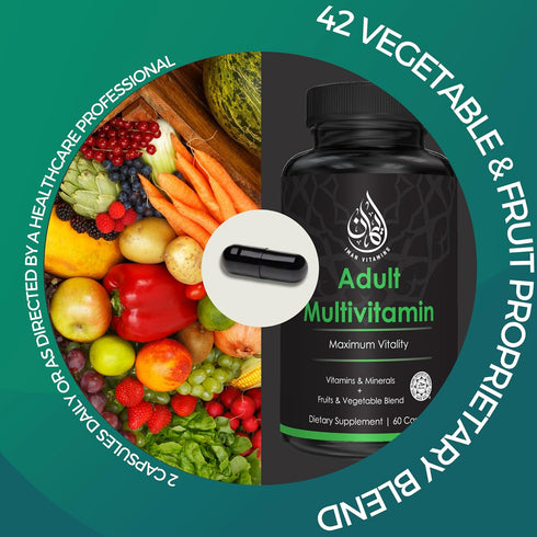 Halal Complete Multivitamin Capsules for Adults Men & Women | 42 Fruit & Vegetable Blend with Iron, Zinc, CoQ10, Folic Acid, and Vitamin A, B1, B3...