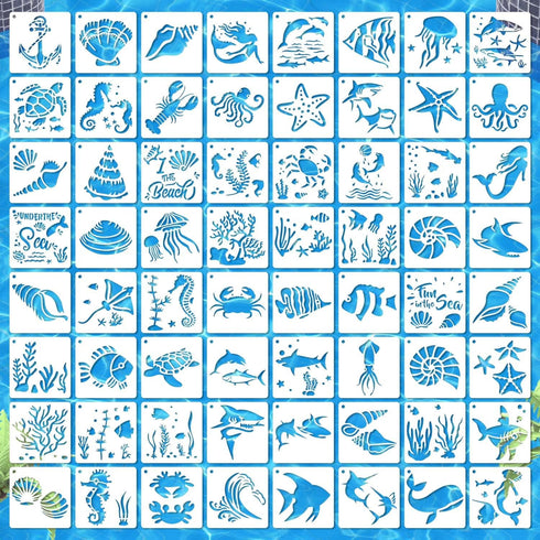 64 Pieces Stencils for Painting, Small Reusable Sea Life Mermaid Stencil, Art Craft Template for Painting on Wood, Wall, Fabric, Rock, Chalkboard,...