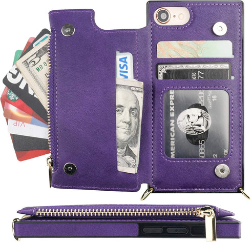 Bocasal Crossbody Wallet Case for iPhone SE 2022/SE 2020/7/8 with Card Holder,Zipper Card Slot Protector Shockproof Purse Cover with Removable Cro...