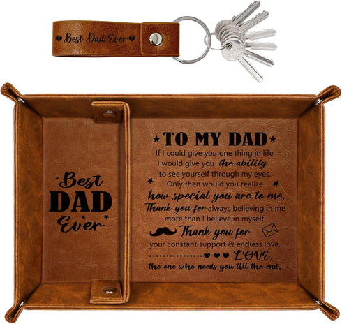 Dad Gifts for Fathers Day, PU Leather Valet Tray and Keychain, Christmas Birthday Gifts for Dad from Daughter Son, Nightstand Tray for Dad, Catcha...