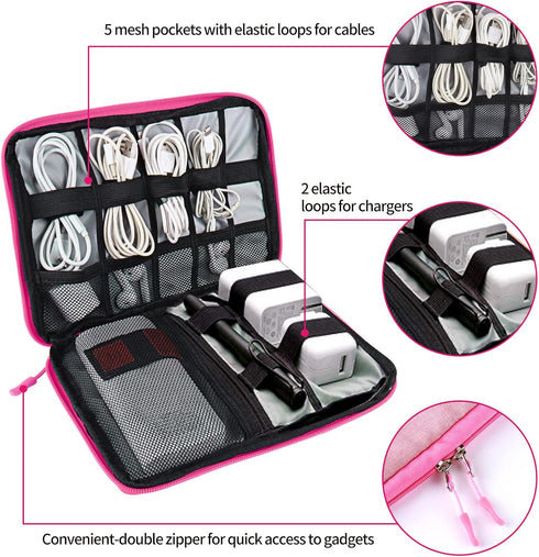 Cable Organizer Bag, Pink Travel Accessories Carry Cases Portable Cord Organizer Bag for Cable, Charger, Phone, USB, SD Card with 8pcs Cable Ties...