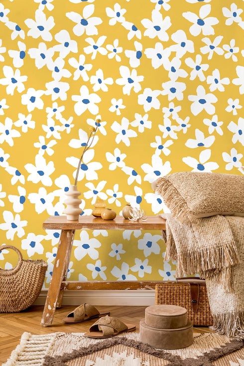 HAOKHOME 93391-1 Yellow Peel and Stick Wallpaper Floral Yellow/White/Blue Removable Wall Paper for Bedroom Bathroom Textured Stick on Contact Pape...