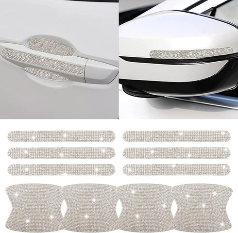 BOHISEN 10pcs Car Rhinestone Bling Door Handle Reflective Trim Stickers Universal Side Rear View Mirror Safety Scratch Resistant Protector Cover f...