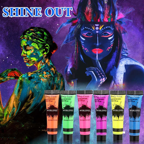 6 Pcs Glow in Dark Face Body Paint,Black Light Glow Makeup Set Neon Fluorescent,Glow Blacklight Body Face Paint Set Face Painting for Music Festiv...