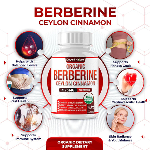 Organic Berberine with Ceylon Cinnamon 2175mg - Premium berberine supplement high purity extract USDA Organic, support immune system, Berberine Pl...