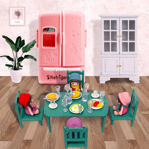 Dollhouse Mini Toy Fridge Green Table Dining with Mini Food Play Refrigerator for Kids Kitchen Furniture Fruits Vegetable Drink Milk Desserts for ...