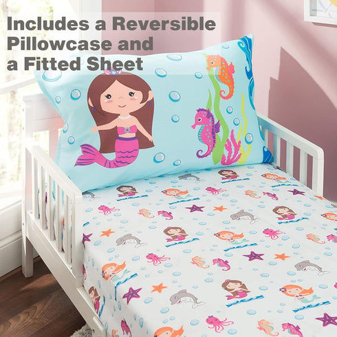 EVERYDAY KIDS Toddler Fitted Sheet and Pillowcase Set -Undersea Mermaids Adventure- Soft Breathable Microfiber Toddler Sheet Set...