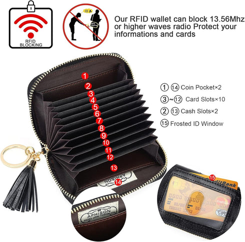 APHISON RFID Credit Card Holder Zipper Card Case Small Wallets for Women Leather Sunflower style Ladies Girls/Gift Box 1927 BLACK...