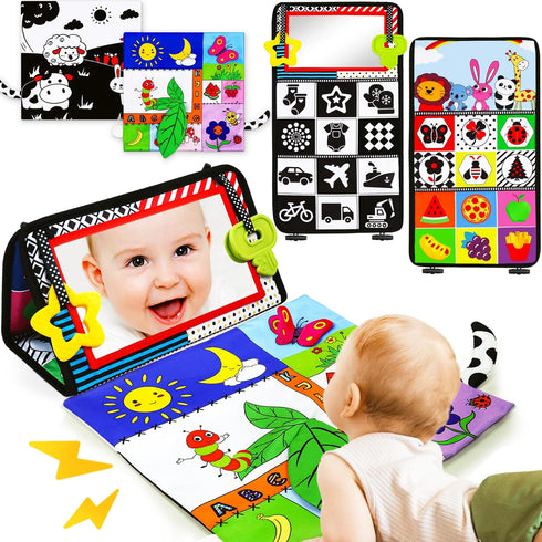 Tummy Time Mirror Baby Toys 3-6 Months Infant Newborn Toys 0-3 Months Brain Development Montessori Sensory Crinkle Toys Teether Black and White Hi...