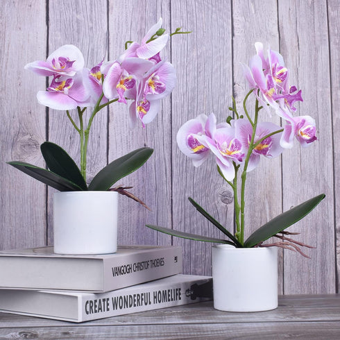 XONOR Artificial Orchid Flowers, 2 Pieces Potted Fake Orchids with Plastic Vase for Table Centerpiece Home Decor Office Wedding Party Decoration...