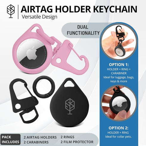 AirTag Holder 2 Pack, Keychain Protective Case for Air Tag Dog Collar Luggage Handbag, Silicone Compatible Apple Accessories (Black & Pink)...