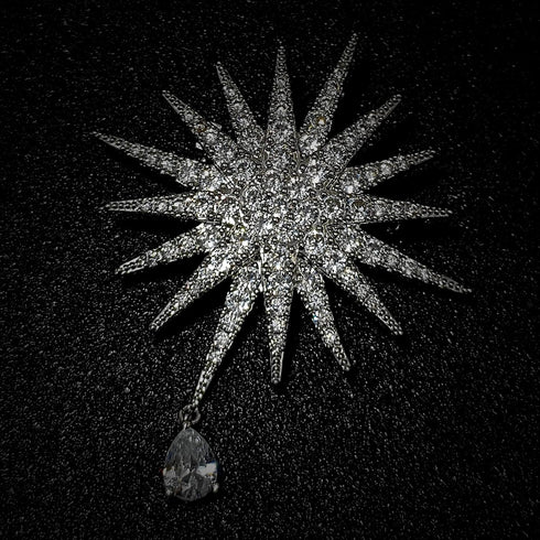 Bling Stylish Silver Tone Full Micro Pave Clear CZ Starburst Pin Brooch with Drop Moravian Lapel Corsage Accessory...