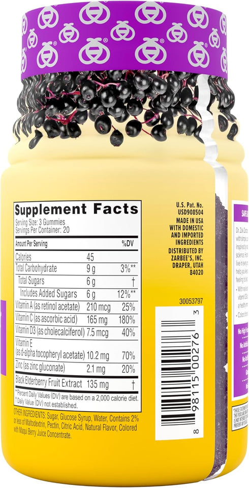 Zarbee's Elderberry Gummy Daily Immune Support Supplement with Vitamins A, C, D, E & Zinc, Black Elderberry Fruit Extract, Natural Berry Flavor, 6...