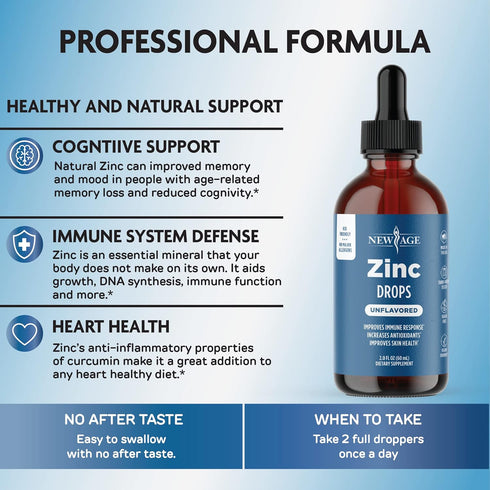 Liquid Zinc Drops for Adults & Kids by NEW AGE, Zinc Sulfate for Immune Support, Vegan, Non-GMO & Gluten Free, 60 Day Supply, 2-Pack...