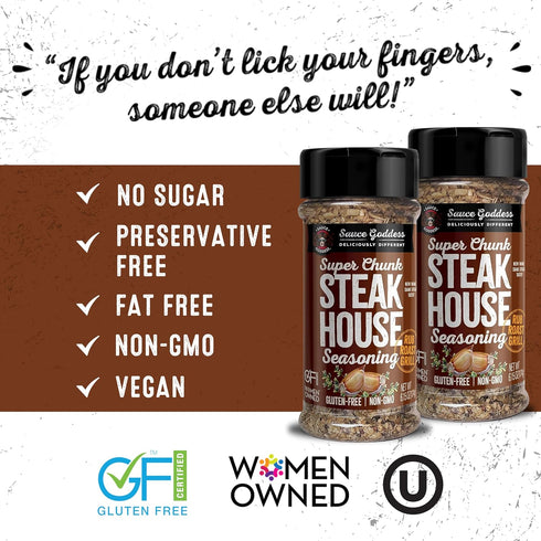 Sauce Goddess Super Chunk Steakhouse Spice Shaker (2-Pack) - Versatile, Delicious Steak Seasoning, BBQ Rub for Chops, Chicken and Veggies! Gluten-...