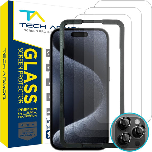 Tech Armor Screen Protector for iPhone 15 Pro 6.1 inch - Ballistic Tempered Glass, Case Friendly, Sensor Protection, HD, 9H Hardness, 3 Pack + Bon...